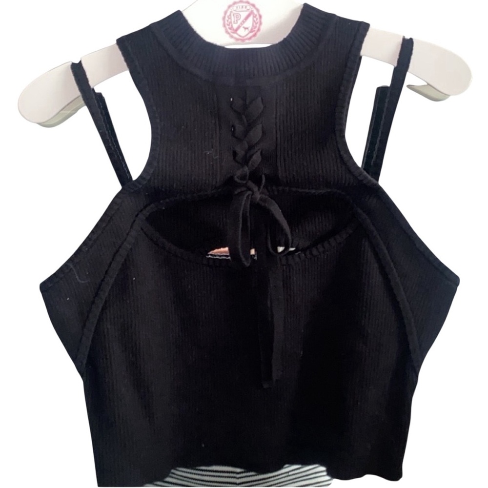 Monse Black Halter Lace Front Neck Knit Crop Top Size Small - Picture 4 of 6